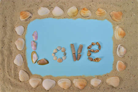 Background image, collage, theme, vacation, beach, sand and sea, motif 4, a frame made of sand,...