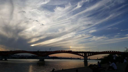 Han River and cityscape taken in Seoul, South Koreaの写真素材