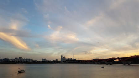 Han River and cityscape taken in Seoul, South Koreaの写真素材