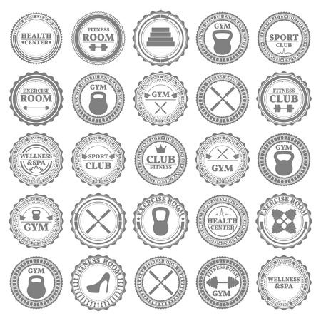 A set of twenty-five sports emblems, labels, logos and design elements in retro style, vector illustration.のイラスト素材