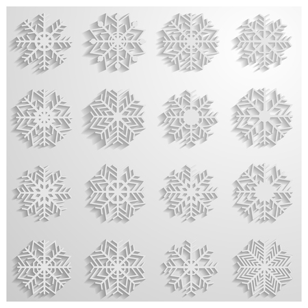 Set of sixteen white snowflakes with shadow on a white background, part one, vector illustration.のイラスト素材