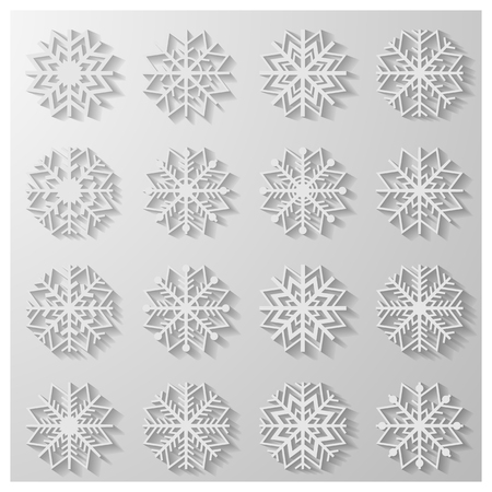 Set of sixteen white snowflakes with shadow on a white background, part two, vector illustration.のイラスト素材