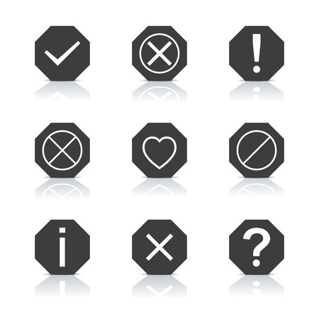 Set of icons and signs, symbols help, information, check, delete, attention with mirror reflection, vector illustrationのイラスト素材