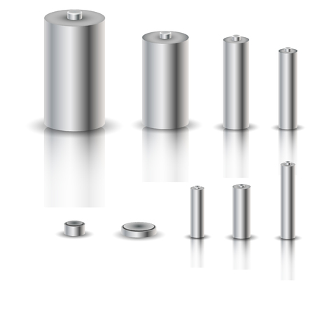 Set realistic steel batteries of various sizes, vector illustration.のイラスト素材