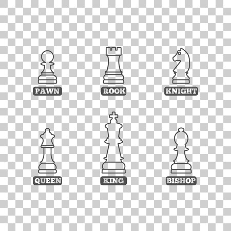 A set of chess pieces of thin lines with the name, vector illustration.のイラスト素材