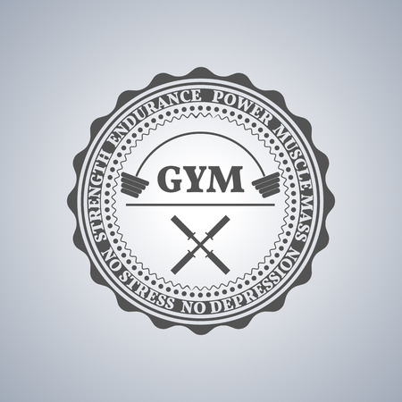 Grey sports emblem, logo, label for a fitness club, a gym, a sports center with sports equipment elements in vintage style, vector illustration.のイラスト素材