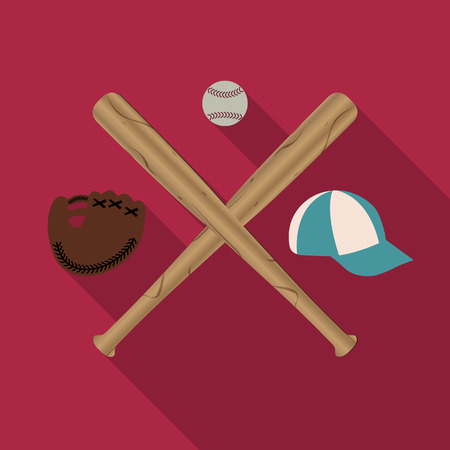 Baseball icon with two wooden baseball bats, cap, glove and Ball, a long diagonal shadow, vector illustration.のイラスト素材