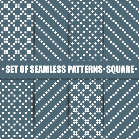 Set of eight seamless patterns, repeating geometric tiles with diagonal square, texture with dotted elements, first set, vector illustration.のイラスト素材