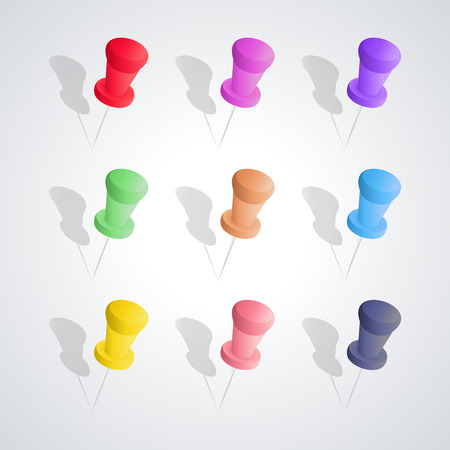 Set of nine colored pushpins with shadow and 3D effect, isolated on white background, design elements Chancellery, first set, vector illustration.のイラスト素材