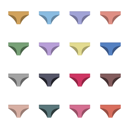 Set of sixteen color panties in a flat style, isolated on white background, design element of underwear, first set, vector illustration.のイラスト素材