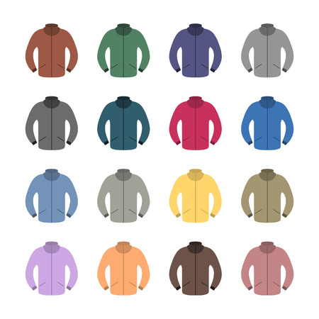 Set of sixteen tracksuits in a flat style, isolated on white background, design element outerwear, vector illustration.のイラスト素材