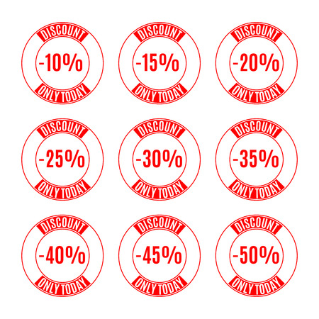 A set of nine round labels discounts of ten to fifty percent in steps of five, isolated on white background, flat style, vector illustration.のイラスト素材
