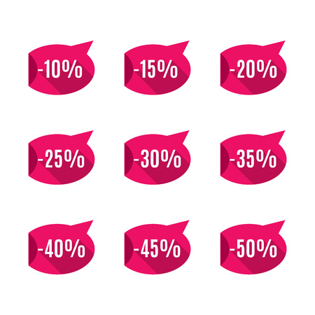 A set of nine red labels discounts of ten to fifty percent in steps of five, long diagonal shadow and flat style, vector illustration.のイラスト素材