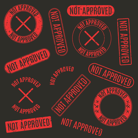 Set of red round and rectangular stamps not approved isolated on black background, vector illustration.のイラスト素材