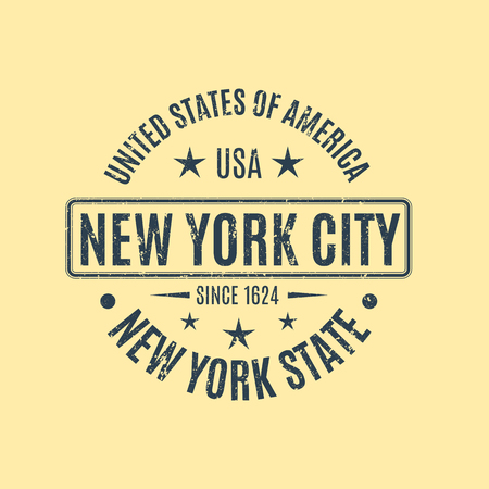 Round, blue grunge stamp with the text New York City, isolated on a yellow background. Design elements for printing on T-shirts, vector illustration.のイラスト素材
