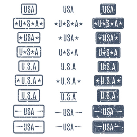 A set of rectangular grunge USA stamps isolated on white background, vector illustration.のイラスト素材