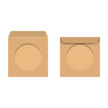 Yellow realistic envelope with a window for CD, isolated on white background, vector illustration.のイラスト素材
