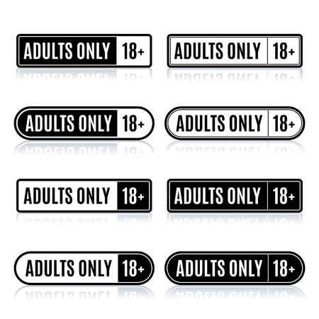 Set of eight rectangular stamps adults only, icons age limit, isolated on white background with mirror reflection,  illustration.のイラスト素材