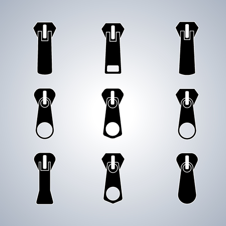 Set of different shape sliders for zippers, isolated on white background, design elements for cutting and sewing, vector illustration.のイラスト素材