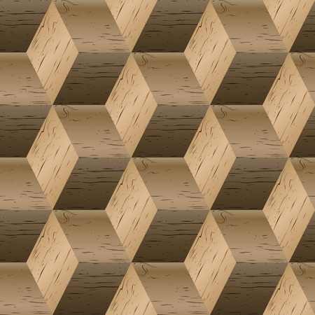 Abstract background, seamless pattern of isometric cubes, repeating wooden texture, vector illustration.のイラスト素材
