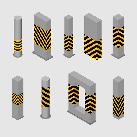 Set of different shape columns and pillars in an isometric style, isolated on white background. Design elements for building and architecture, vector illustration.のイラスト素材