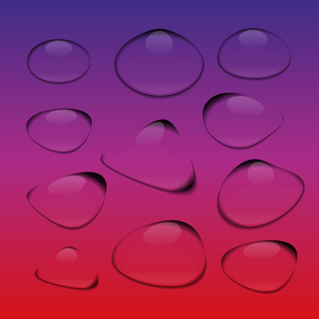 Transparent water drops of different shapes on a red-blue gradient background, vector illustration.のイラスト素材
