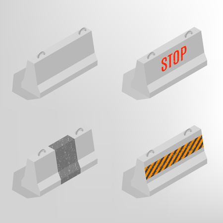 Iron concrete block for barriers with a markup, isolated on white background. Design elements for reconstruction. Flat 3D isometric style, vector illustration.のイラスト素材