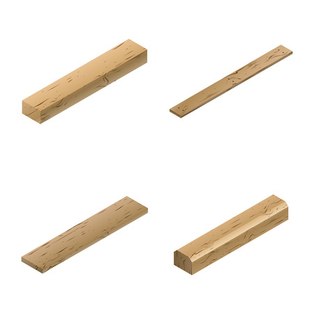 Set of wooden elements , block, plank, board and sleeper. Isolated on white background, flat 3D isometric styleのイラスト素材