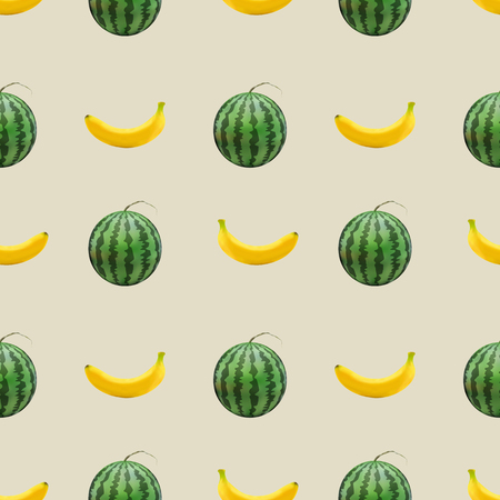Seamless fruit background, repeating texture with set of photorealistic yellow banana and green watermelon, vector illustration.のイラスト素材