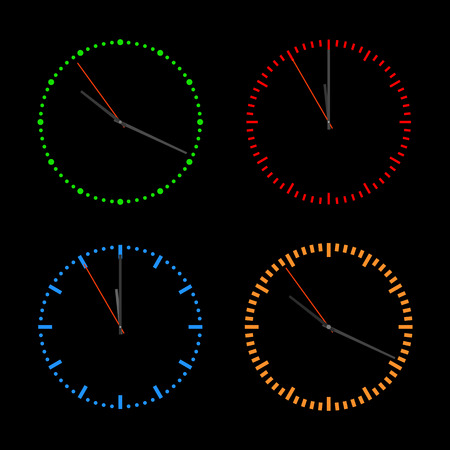 Round bright dials for clock with arrows isolated on black background, vector illustration.のイラスト素材