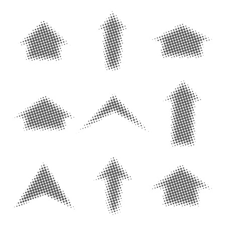 Gray arrows of different shapes with halftone effect, isolated on white background, vector illustration.のイラスト素材