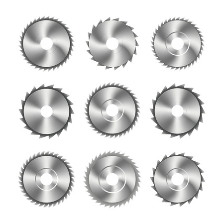 A set of different photo realistic steel blade for circular saws, tool design elements, isolated on white background, vector illustration.のイラスト素材