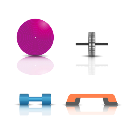 Sports icons with mirror reflection isolated on white background. Design elements of sports equipment and fitness, vector illustration.のイラスト素材