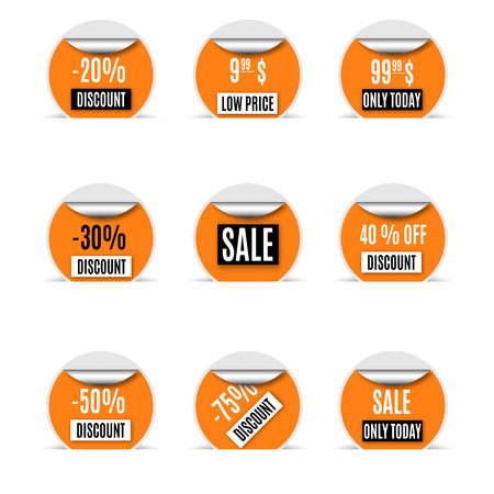 Set of yellow paper stickers discount and sale, isolated on white background. Design elements labels and tags, vector illustration.のイラスト素材