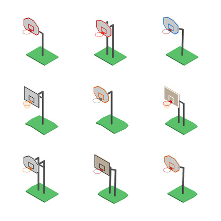 Set of basketball shields with a basket of different shapes and constructions. Element for the design of playgrounds and sports objects. Flat 3d isometric style, vector illustration.のイラスト素材