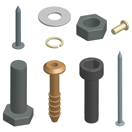 Set of different fasteners isolated on white background. 3D isometric style, vector illustration.のイラスト素材