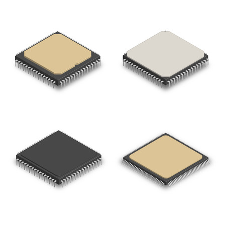 Set of processors of different shapes isolated on white background. Elements design of electronic components. 3D isometric style, vector illustration.のイラスト素材