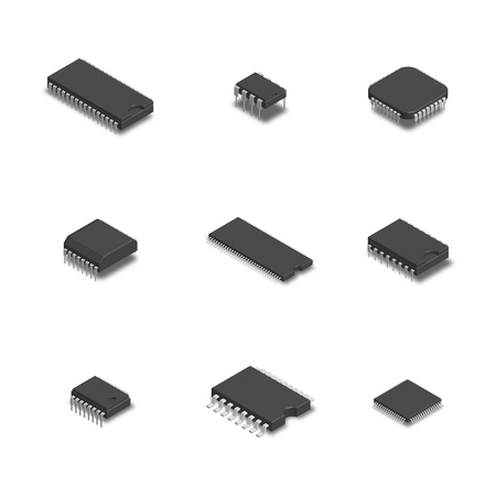 Set of chips of different shapes isolated on white background. Elements design of electronic components. 3D isometric style, vector illustration.のイラスト素材