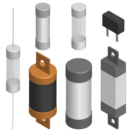 Set of fuses of different shapes isolated on white background. Elements design of electronic components. 3D isometric style, vector illustration.のイラスト素材
