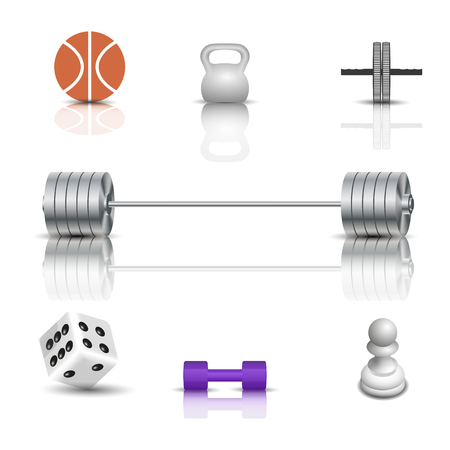 Realistic sports and game icons with shadow and mirror reflection. Isolated on white background, vector illustration.のイラスト素材
