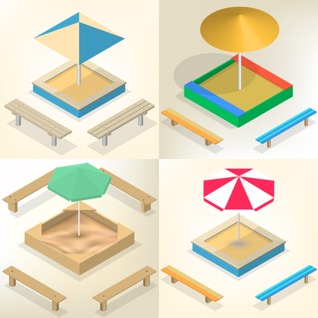 Sandbox with a set of wooden benches and sun protective umbrella isolated on white background. Elements of the design of playgrounds and parks. Flat 3d isometric style, vector illustration.のイラスト素材