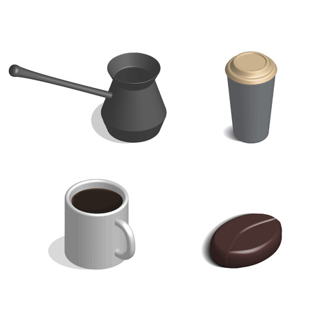 Coffee set. Cup, bean, and cezve isolated on white background. 3D isometric style and vector illustration.のイラスト素材
