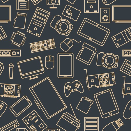 Seamless pattern from a set of computer and gadget icons of thin lines, vector illustration.