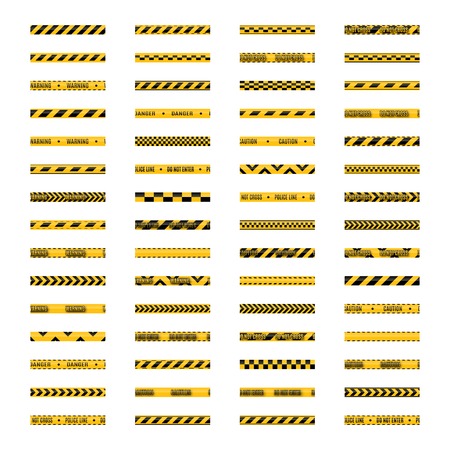 Set of seamless yellow and black warning tapes with text do not cross, warning, caution. Isolated on white background. Design elements for reconstruction, vector illustration.のイラスト素材