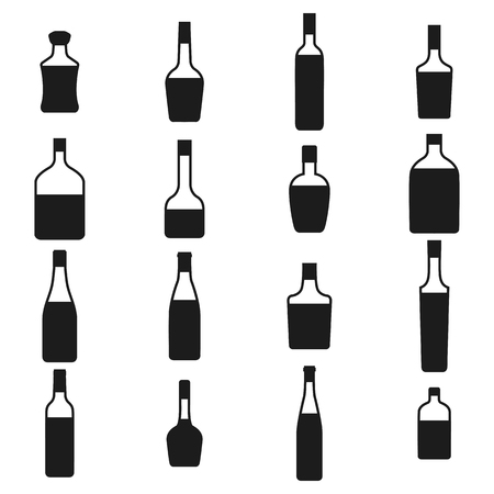 Alcohol bottles icons set. Black silhouettes on a white background, vector illustration.のイラスト素材