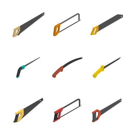 Set of various hacksaws and saws isolated on a white background. Flat 3D isometric style, vector illustration.のイラスト素材