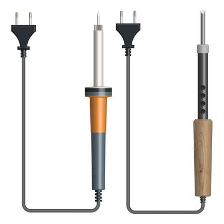 Set of electric soldering iron with wooden and plastic handles isolated on a white background. Top view, vector illustration.のイラスト素材