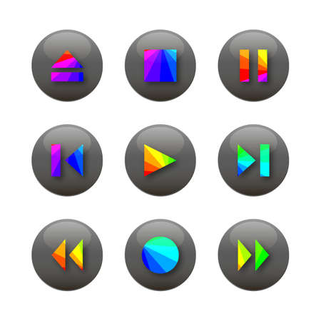 Set of nine round control buttons of player, media icons with shadow. Isolated on white background, vector illustration.のイラスト素材
