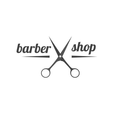 Grey emblem, logo, label for a barber shop, isolated on a white background. Vintage flat style, vector illustration.のイラスト素材