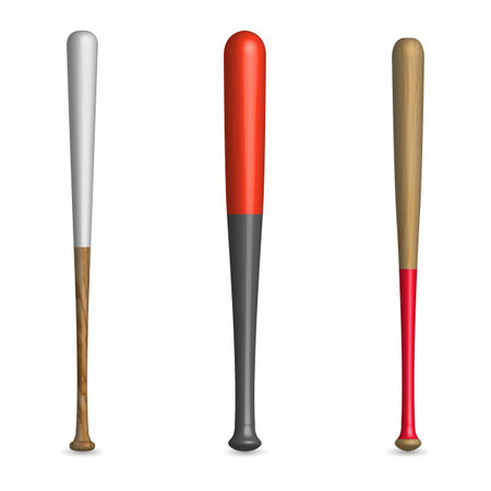 Set of various wooden and plastic baseball bats isolated on a white background. Front view, vector illustration.のイラスト素材